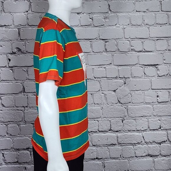 Guess Logo Orange/Green Striped T-Shirt, Men's Medium - Picture 4 of 11
